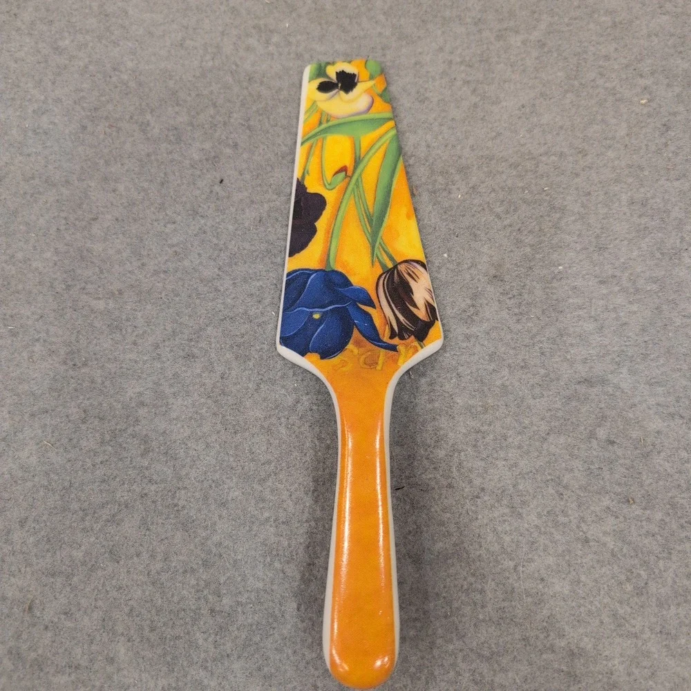Ceramic Floral Cake Pie Server Pansy Tulip Yellow Orange Dessert Spatula
